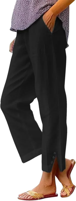 Linen Pants Women Solid Straight Elastic Pants Drawstring Lightweight Spring 2025 Summer Casual Slit Trouser Legs Pants