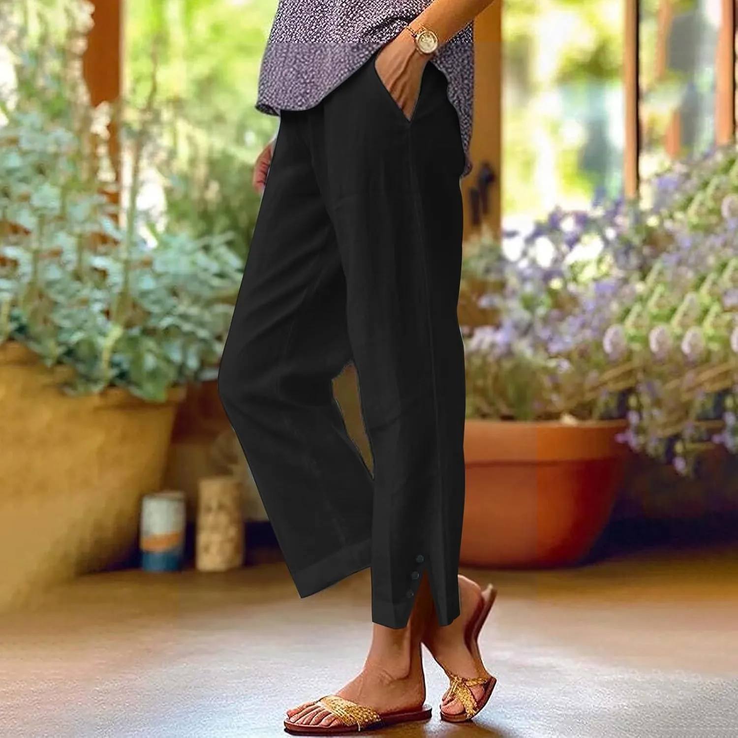 Linen Pants Women Solid Straight Elastic Pants Drawstring Lightweight Spring 2025 Summer Casual Slit Trouser Legs Pants