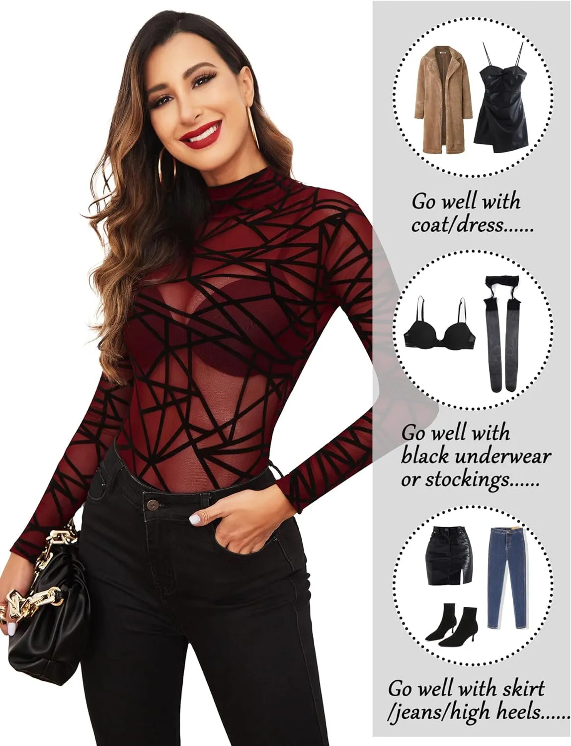 Long Sleeve Bodysuit for Women Turtleneck Sheer Mesh Bodysuit Geo Print Leotards