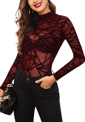 Long Sleeve Bodysuit for Women Turtleneck Sheer Mesh Bodysuit Geo Print Leotards