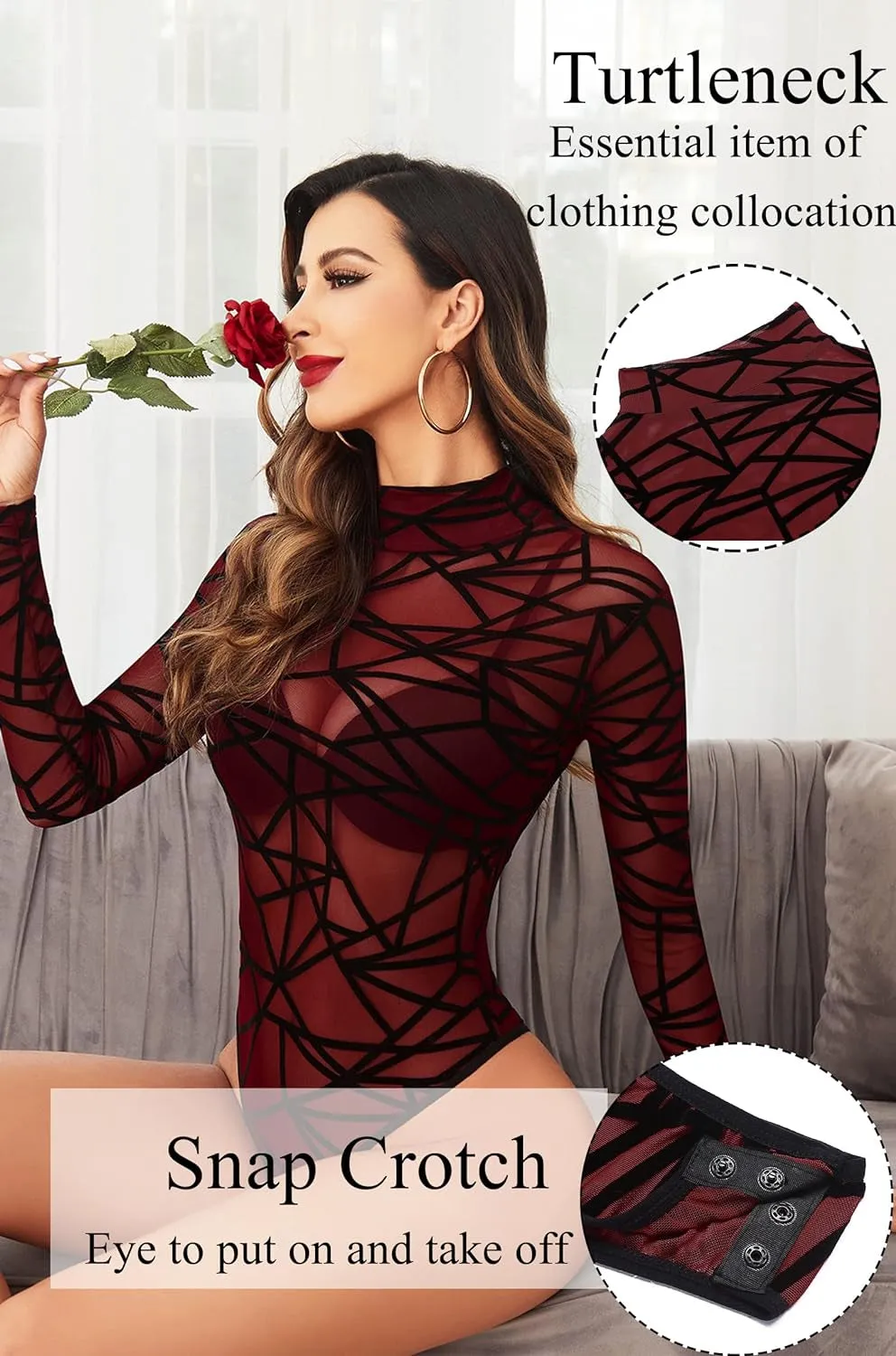 Long Sleeve Bodysuit for Women Turtleneck Sheer Mesh Bodysuit Geo Print Leotards
