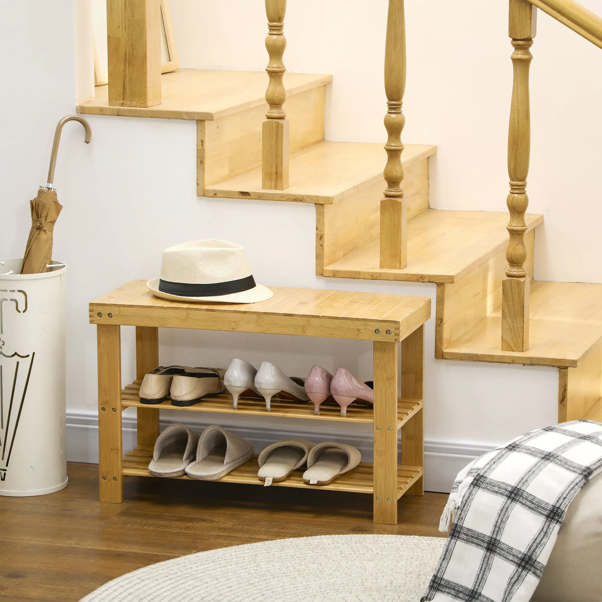 Low Bamboo Shoe Rack Bench with 2 Slatted Shelves and Seat, 70x28x45 cm, Natural