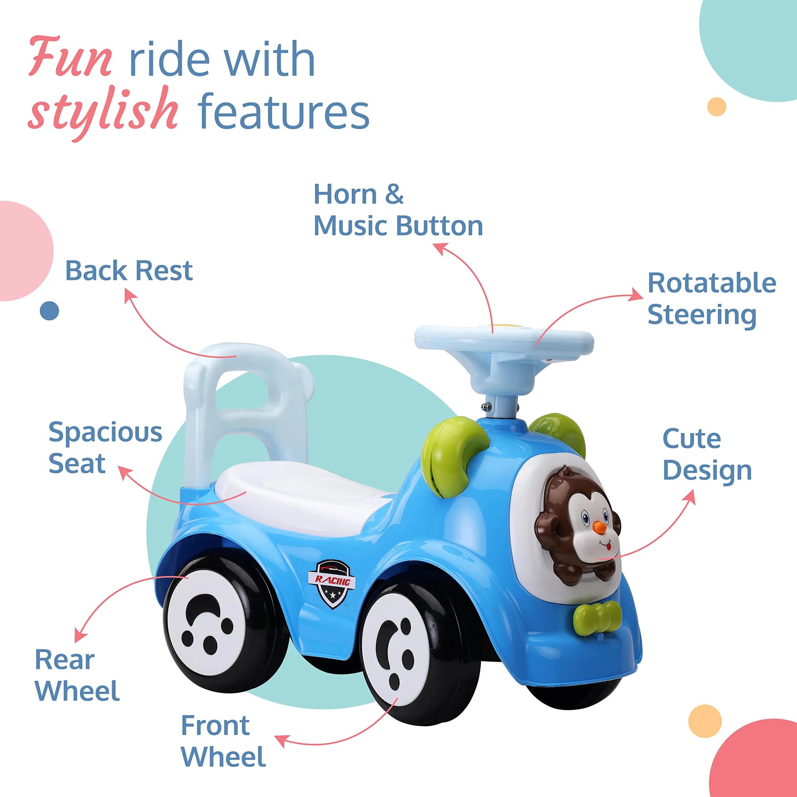 LuvLap Sunny Ride on & Car for Kids with Music & Horn Steering, Push Car for Baby with Backrest, Safety Guard, Under Seat Storage & Big Wheels, Ride on for Kids 1 to 3 Years Upto 25 Kgs (Blue)