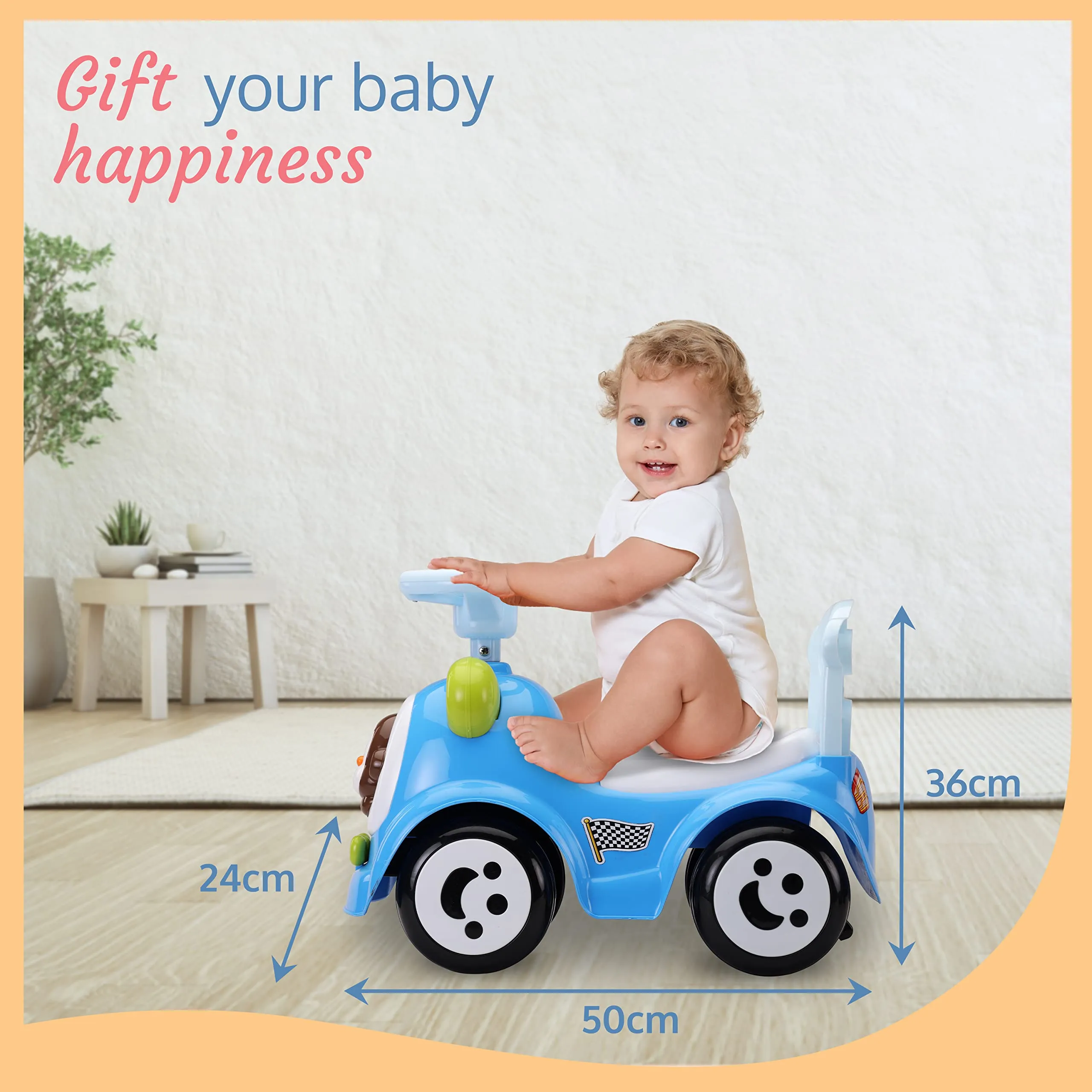 LuvLap Sunny Ride on & Car for Kids with Music & Horn Steering, Push Car for Baby with Backrest, Safety Guard, Under Seat Storage & Big Wheels, Ride on for Kids 1 to 3 Years Upto 25 Kgs (Blue)