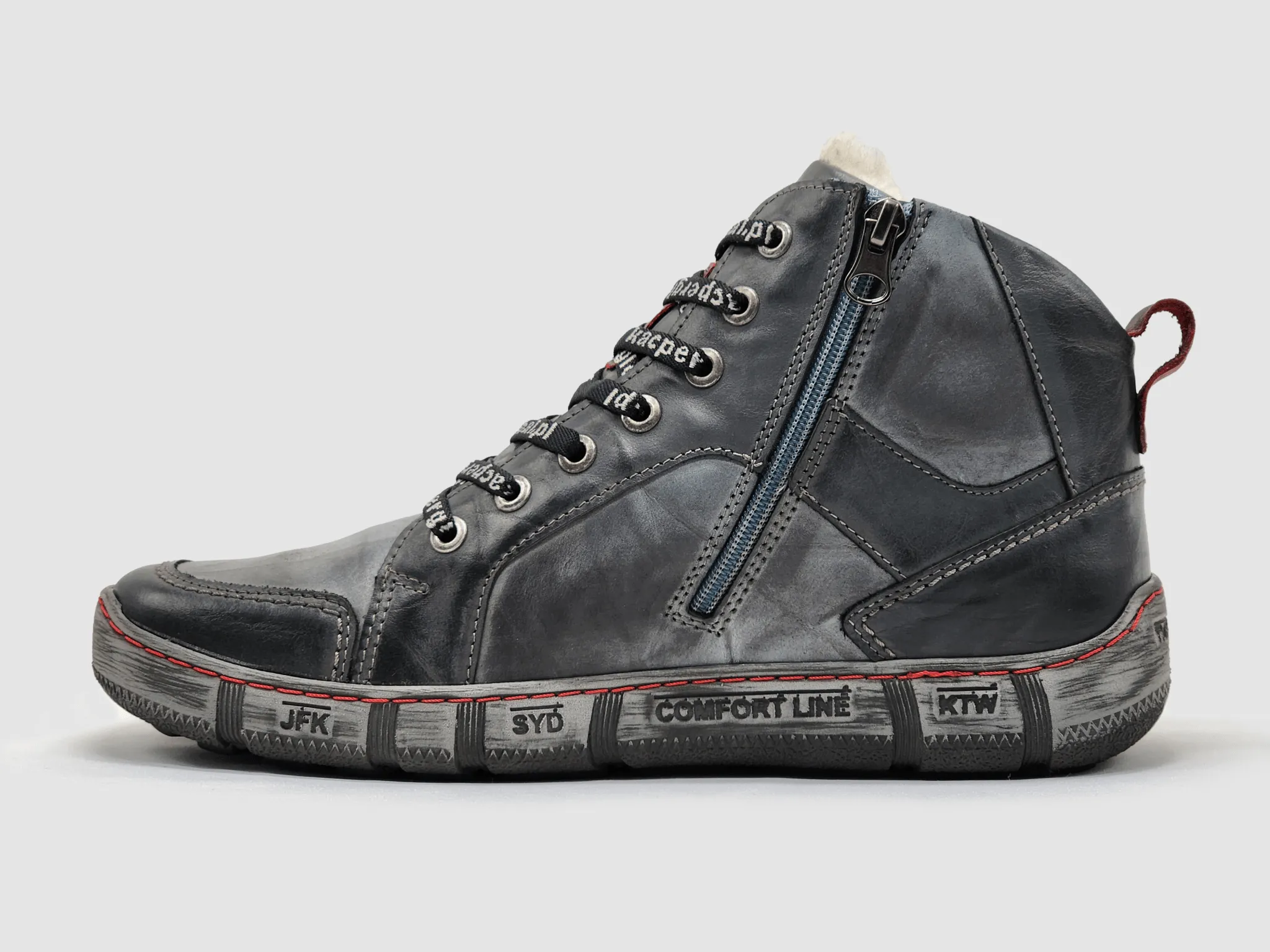 Men's Comfort Thick Wool-Lined Zip-Up Leather Boots - Grey/Red