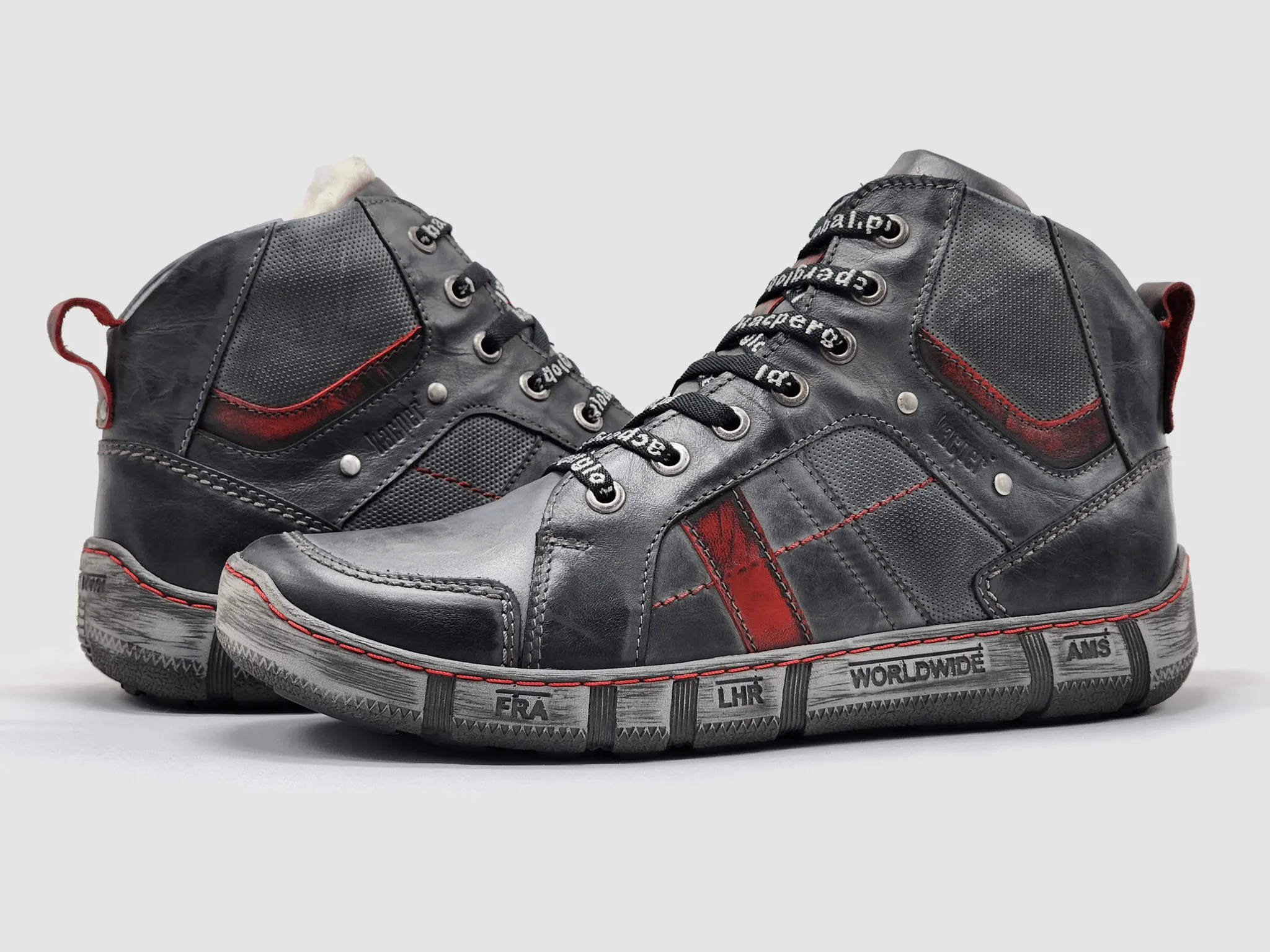 Men's Comfort Thick Wool-Lined Zip-Up Leather Boots - Grey/Red