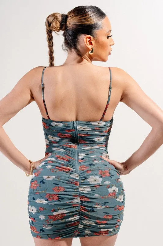 Mesh Floral Print Mini Dress