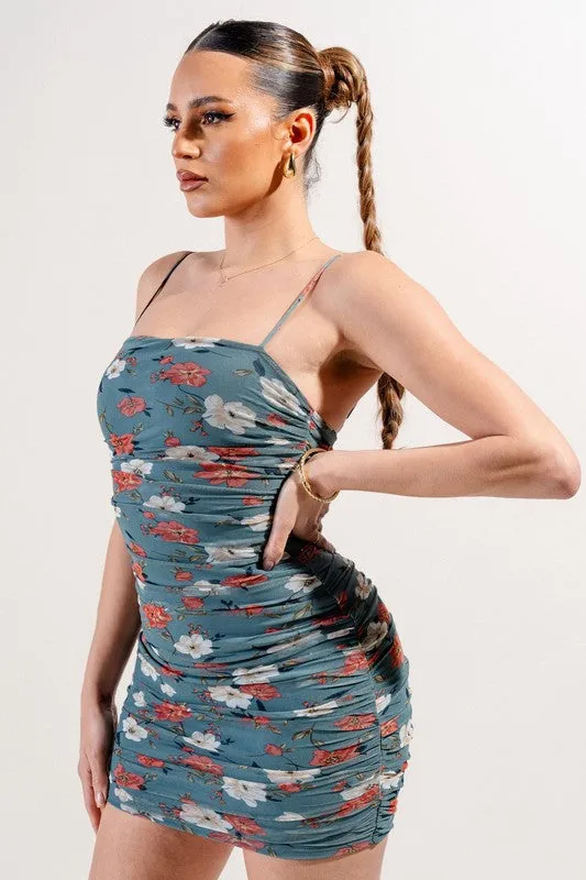 Mesh Floral Print Mini Dress