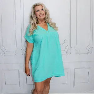 MINT DOUBLE GAUZE RAW EDGE V-NECK DRESS