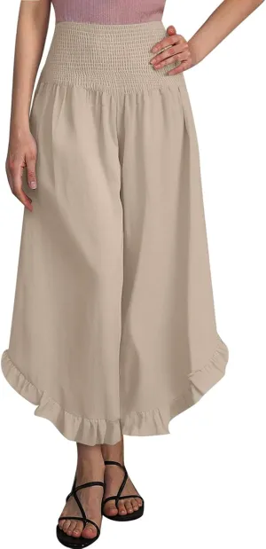 Palazzo Pants for Women Summer Smocked High Waisted Wide Leg Ruffle Hem Trousers Boho Flowy Beach Vacation Clothes