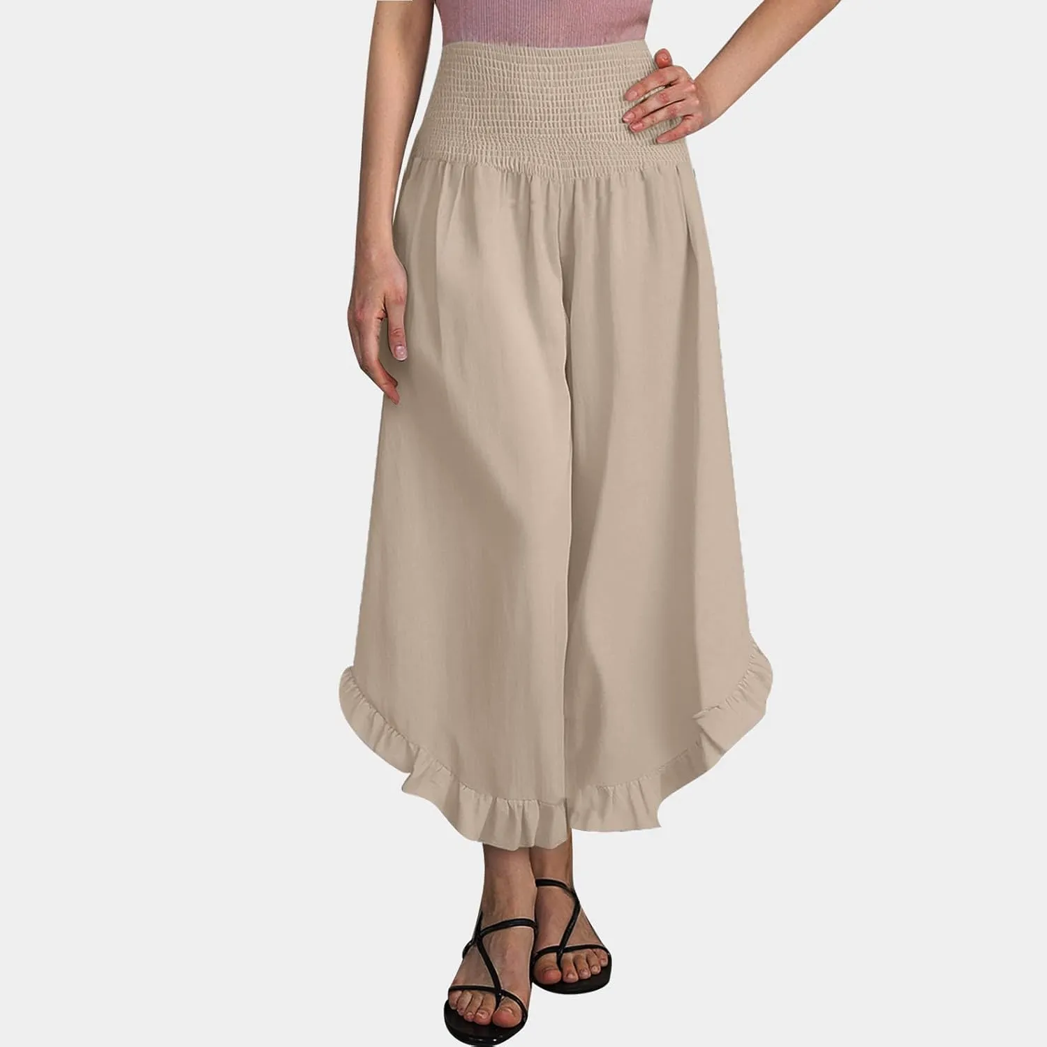 Palazzo Pants for Women Summer Smocked High Waisted Wide Leg Ruffle Hem Trousers Boho Flowy Beach Vacation Clothes
