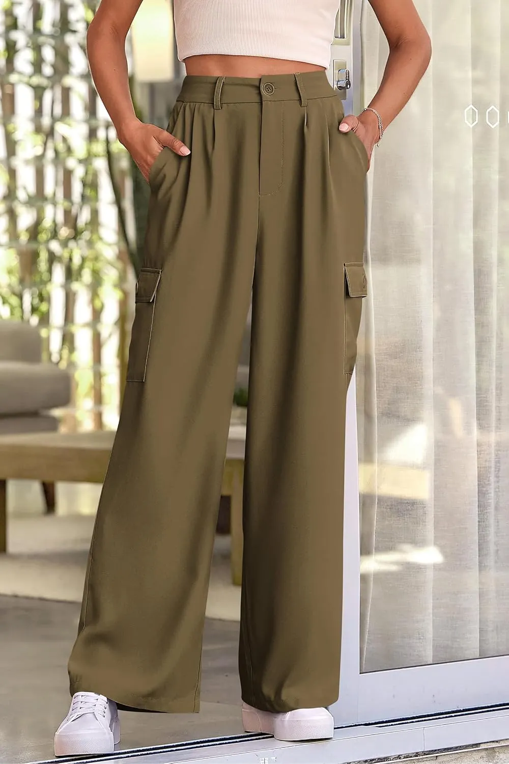 PRETTYGARDEN Women's Wide Leg Cargo Pants High Waist Business Casual Trousers Pant with Pockets