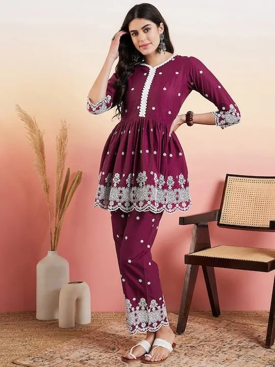Purple & White Floral Embroidered Pleated Ethnic Co-ords