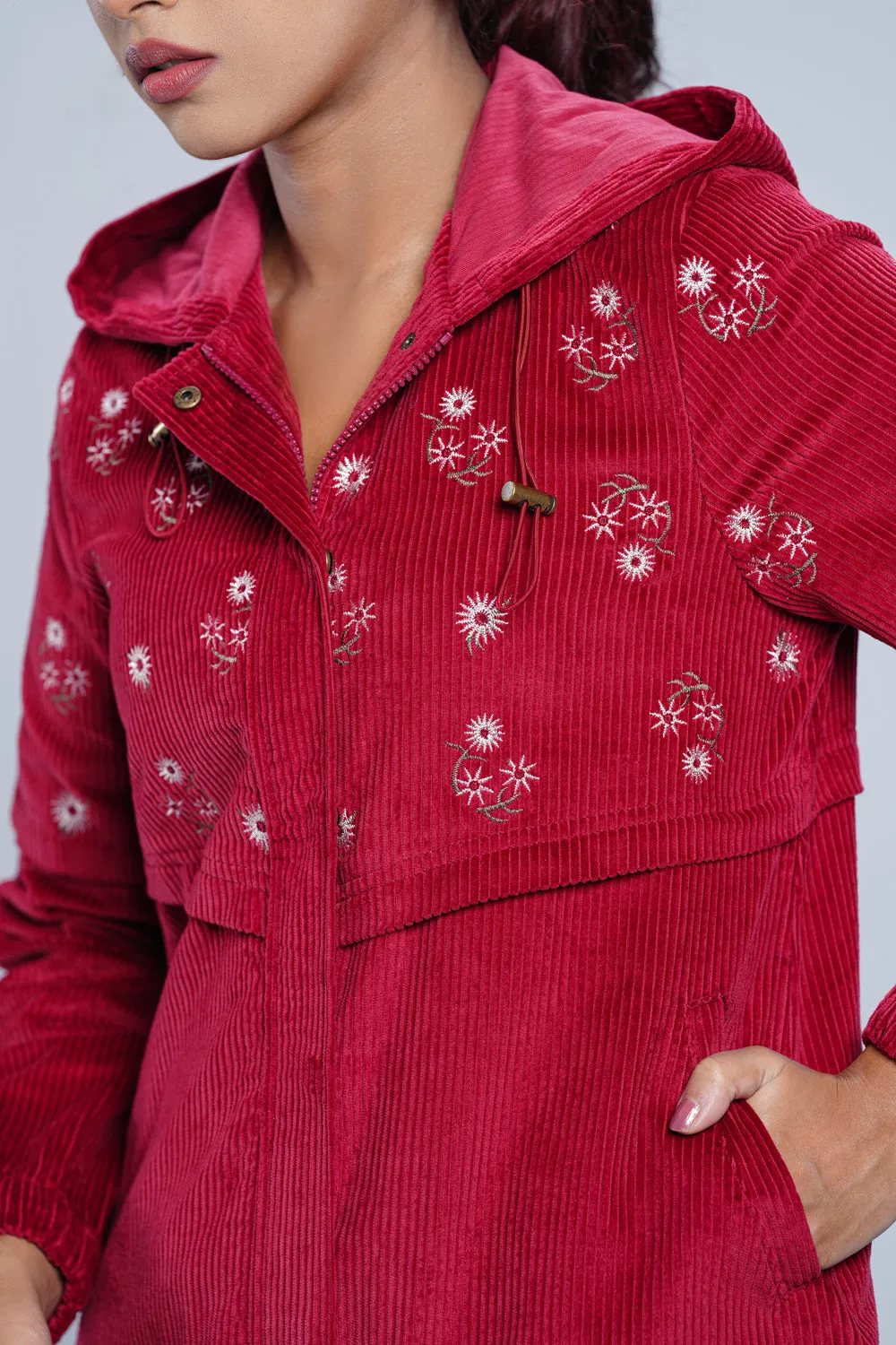 Regular Fit Corduroy Yoke Floral Embroidered Hoodie