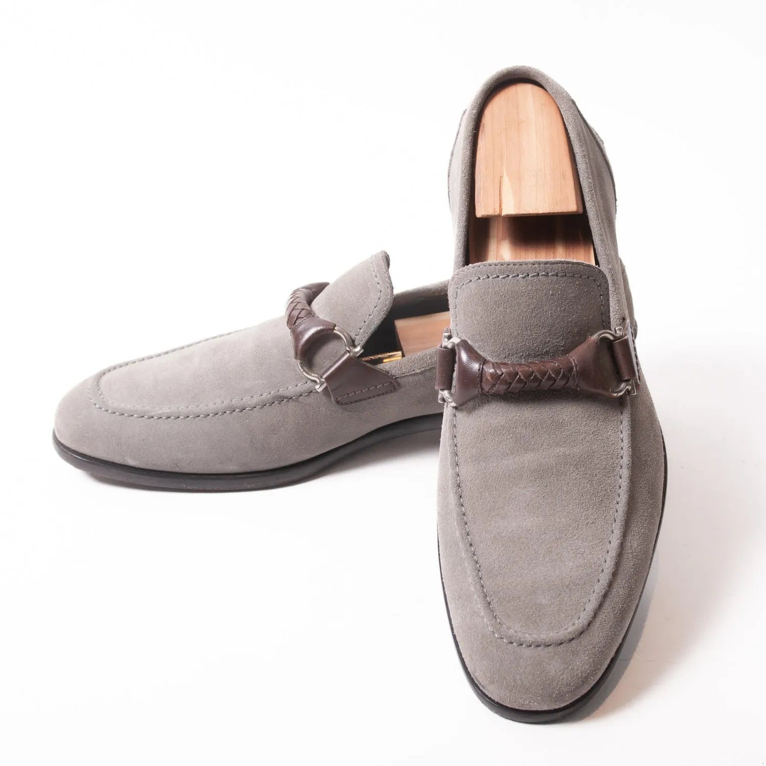 Salvatore Ferragamo Grey Suede Braided Band Loafers