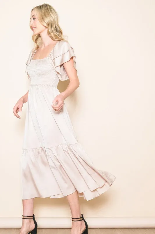 Satin Flowy Flutter Sleeve Smocked Dress