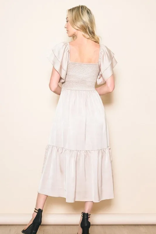 Satin Flowy Flutter Sleeve Smocked Dress