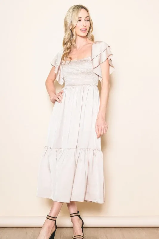 Satin Flowy Flutter Sleeve Smocked Dress