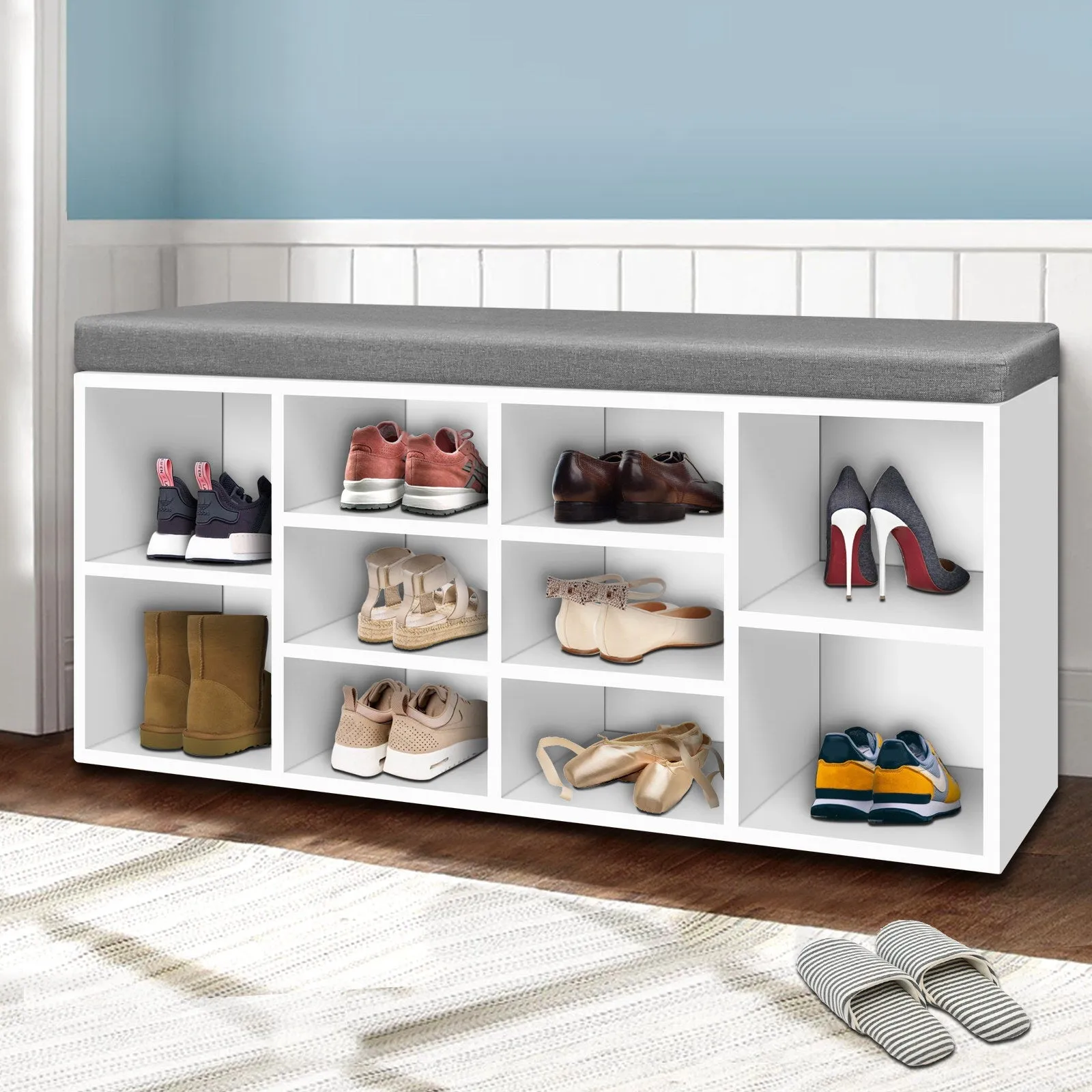 Shoe Bench with Storage Cubes - White