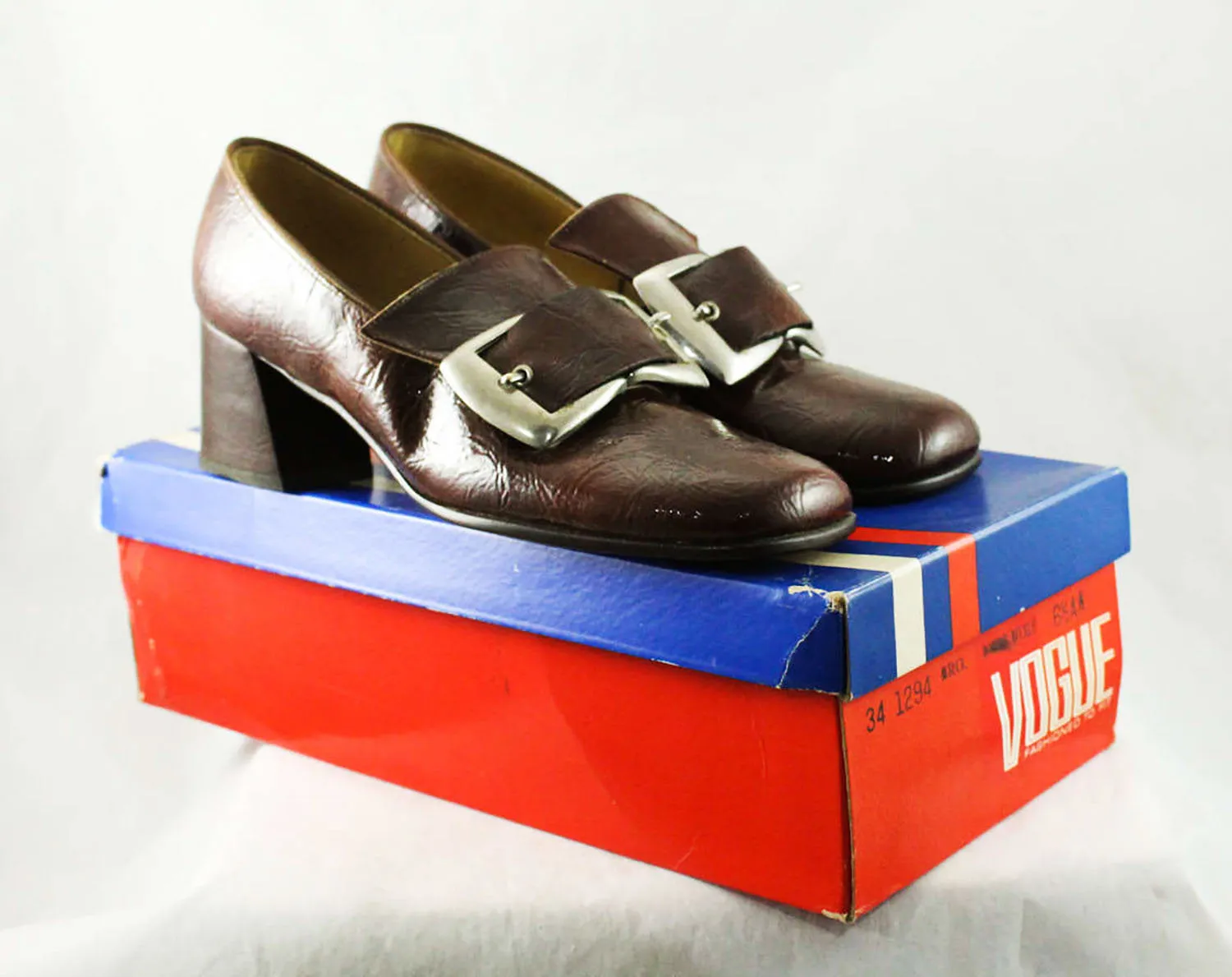 Size 6.5 Brown 60s Loafers - Never Worn 1960s Mod Shoes - 60s Wet Look Vinyl Pumps - Double Silvertone Buckle - NOS in Box - 6 1/2 AA Narrow