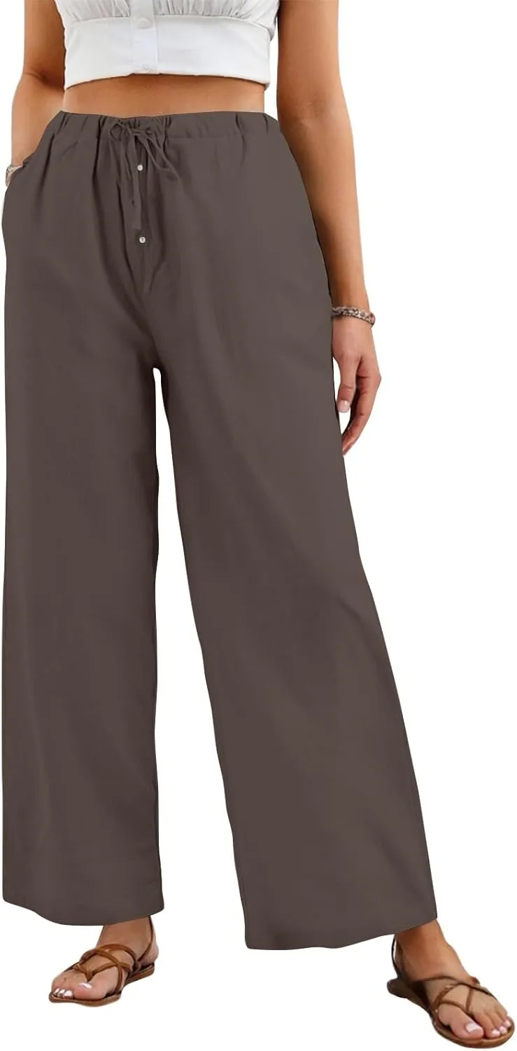 Summer Womens Work Pants Linen Drawstring Vacation Baggy Pants Wide Leg Palazzo High Waisted Pocket Solid Trouser 2025