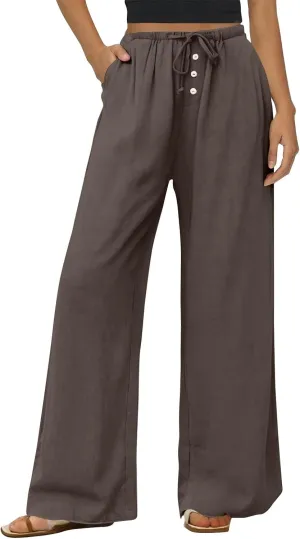 Summer Womens Work Pants Linen Drawstring Vacation Baggy Pants Wide Leg Palazzo High Waisted Pocket Solid Trouser 2025