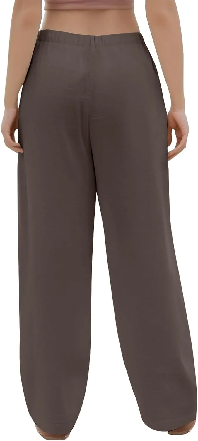 Summer Womens Work Pants Linen Drawstring Vacation Baggy Pants Wide Leg Palazzo High Waisted Pocket Solid Trouser 2025