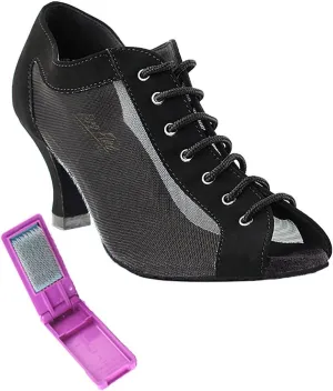 Very Fine Dance Shoes - Ladies Latin, Rhythm, Salsa, Waltz Ballroom Dance Shoes - 1643-2.5-inch Heel and Foldable Brush Bundle - Black Nubuck - Black Mesh - 7