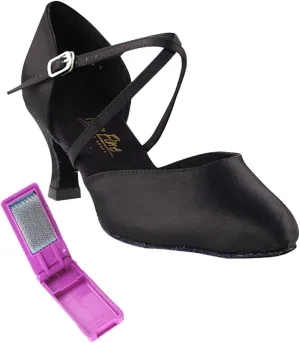 Very Fine Dance Shoes - Ladies Latin, Rhythm, Salsa, Waltz, Wedding Dance Shoes - 9691-2.5-inch Heel and Foldable Brush Bundle - Black Satin - 5.5