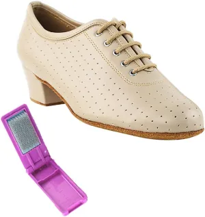 Very Fine Dance Shoes - Ladies Practice, Cuban Low Heel, Waltz Ballroom Dance Shoes - 2001-1.5-inch Heel and Foldable Brush Bundle - Tan Perforated Leather - 9.5