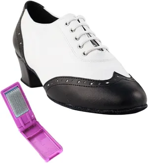 Very Fine Dance Shoes - Ladies Practice, Cuban Low Heel, Waltz Ballroom Dance Shoes - 2008-1.5-inch Heel and Foldable Brush Bundle - Black Leather - White Leather - 7.5