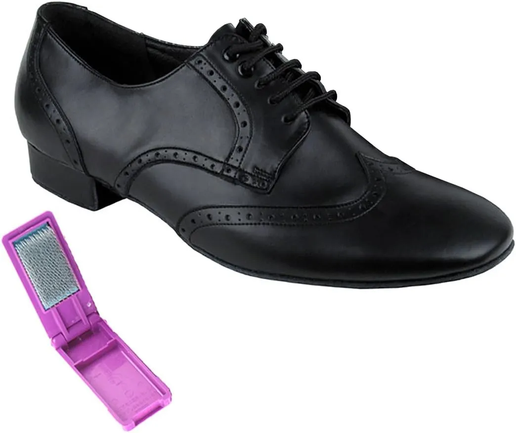 Very Fine Dance Shoes - Mens Standard, Smooth, Waltz Ballroom Dance Shoes - PP301-1-inch Heel and Foldable Brush Bundle - Black Leather - 11