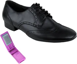 Very Fine Dance Shoes - Mens Standard, Smooth, Waltz Ballroom Dance Shoes - PP301-1-inch Heel and Foldable Brush Bundle - Black Leather - 11