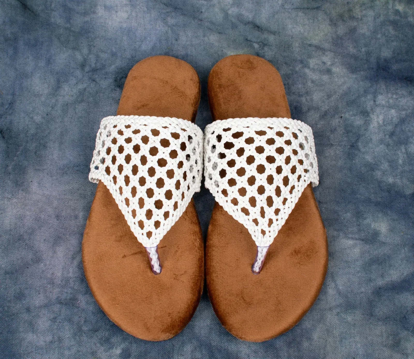 White Crochet Thong Sandals with Soft Suede Footbed