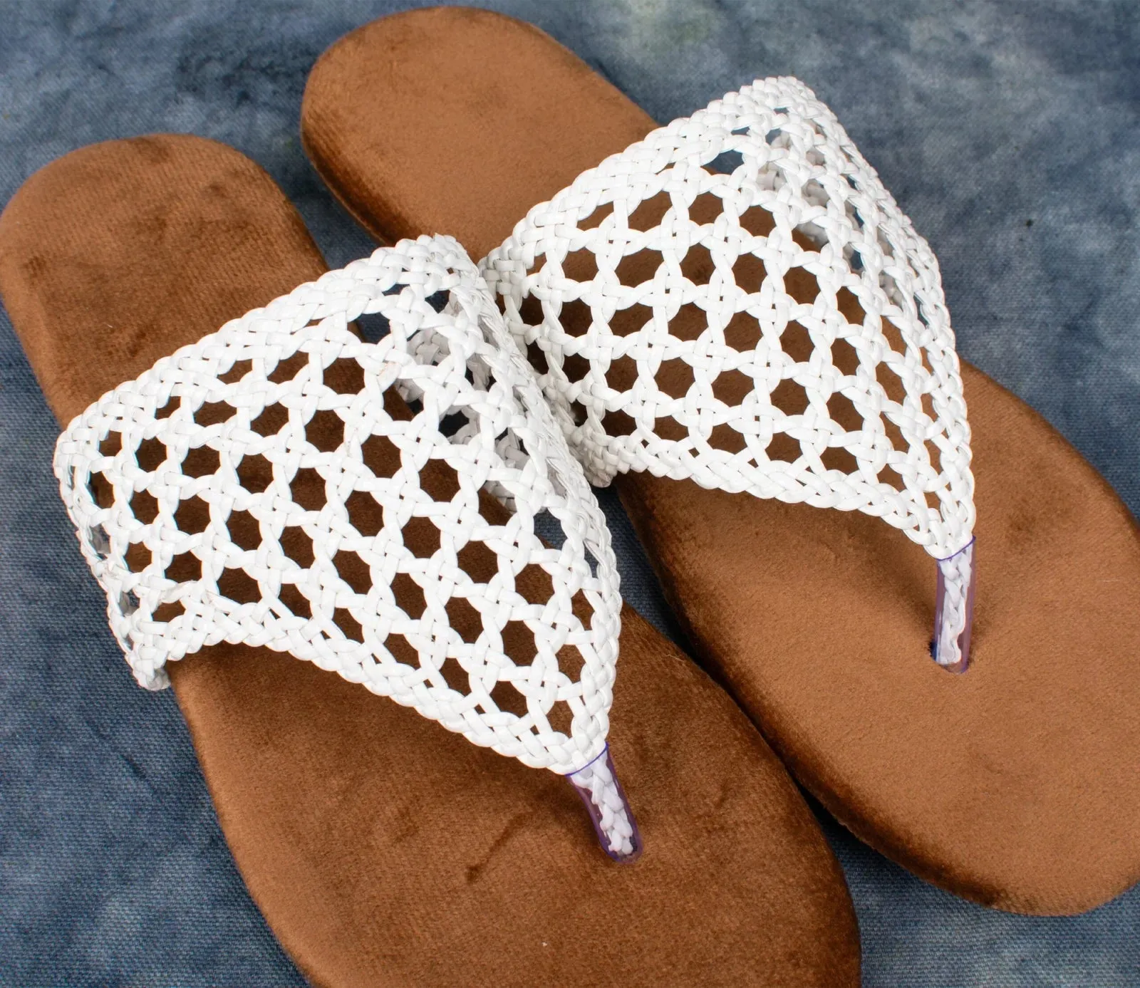 White Crochet Thong Sandals with Soft Suede Footbed