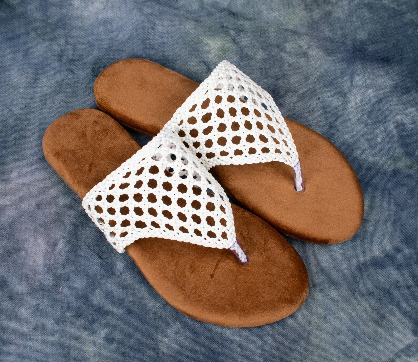 White Crochet Thong Sandals with Soft Suede Footbed