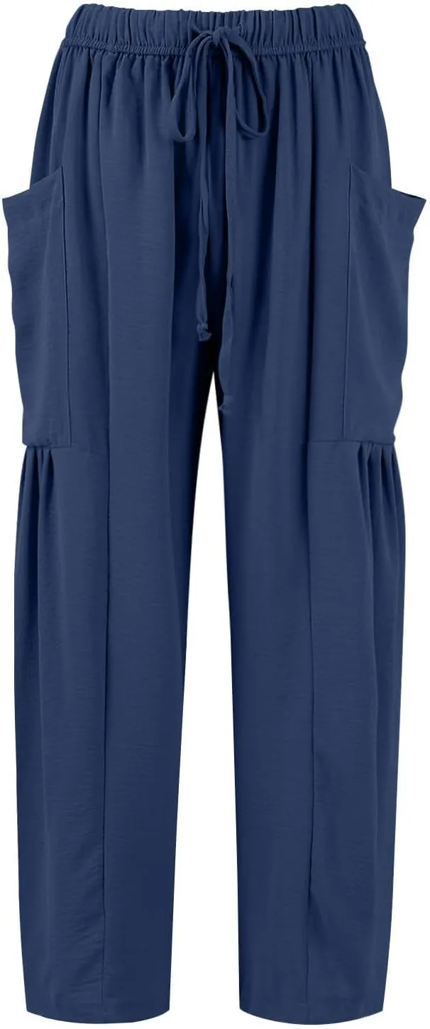 Wide Leg Pants for Women Linen High Waisted Summer Fashion Pants Drawstring Flowy with Pockets Solid Clothes Vacation