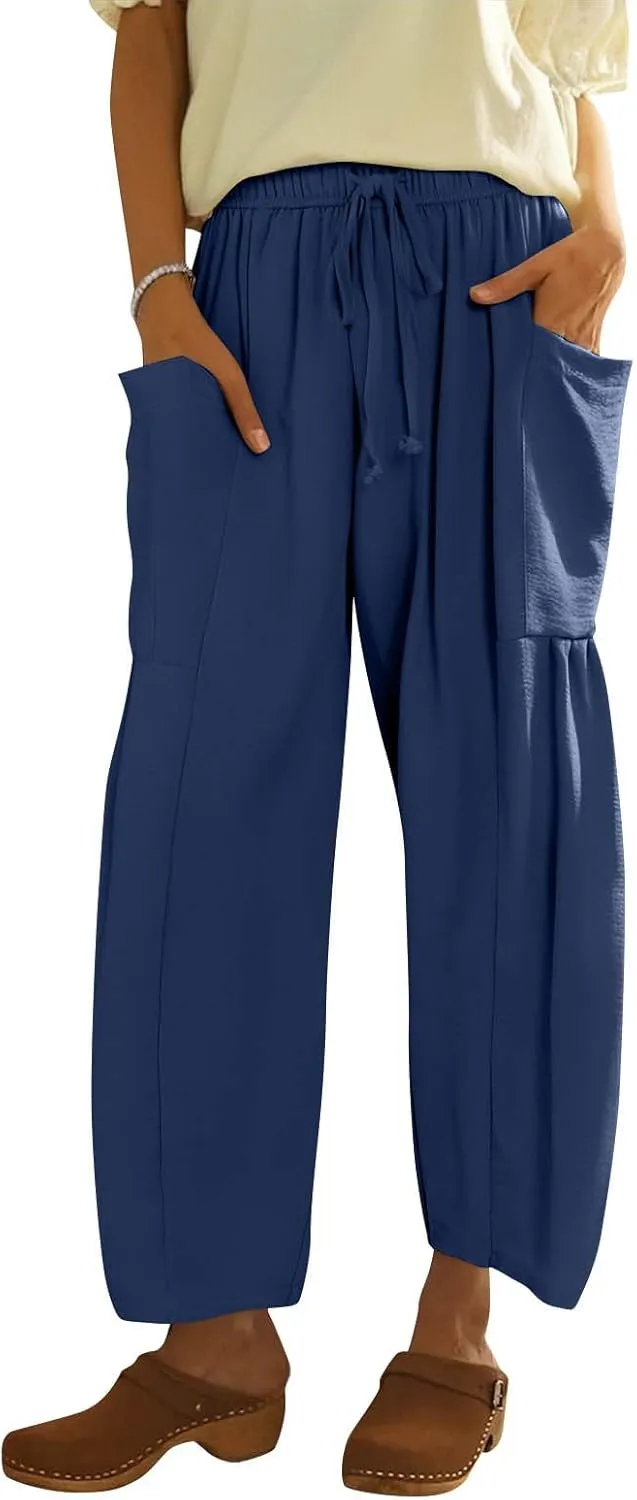 Wide Leg Pants for Women Linen High Waisted Summer Fashion Pants Drawstring Flowy with Pockets Solid Clothes Vacation