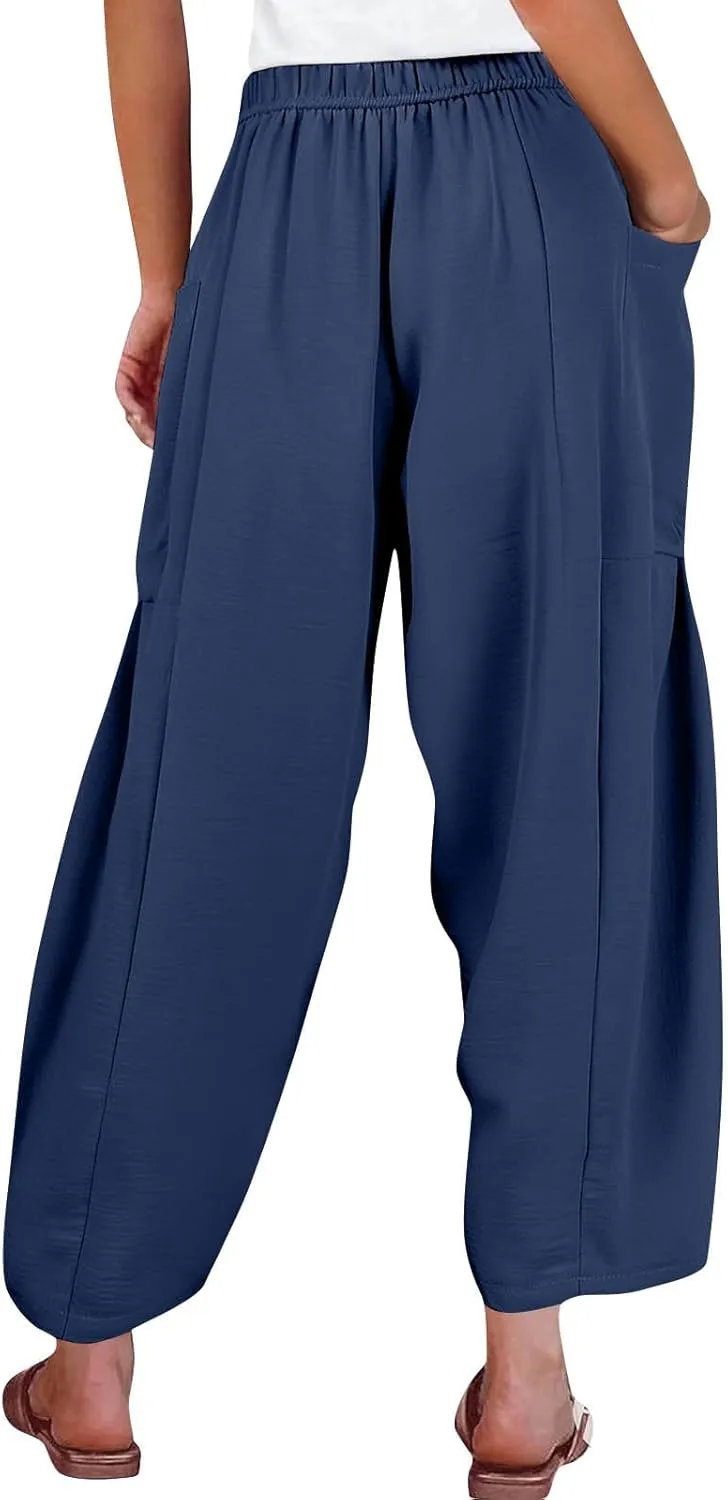 Wide Leg Pants for Women Linen High Waisted Summer Fashion Pants Drawstring Flowy with Pockets Solid Clothes Vacation