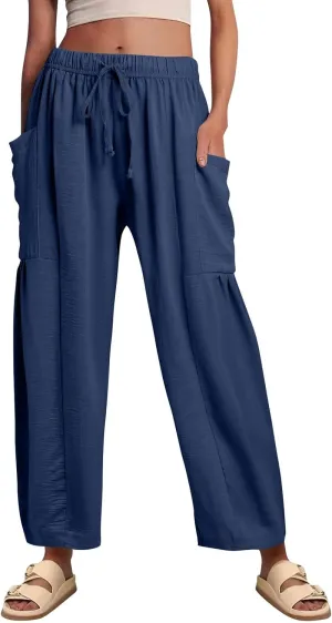 Wide Leg Pants for Women Linen High Waisted Summer Fashion Pants Drawstring Flowy with Pockets Solid Clothes Vacation