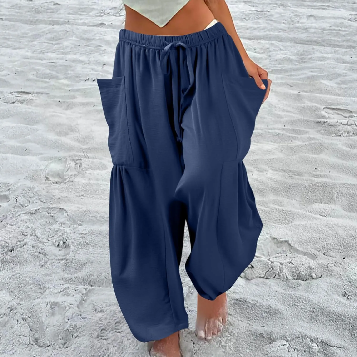 Wide Leg Pants for Women Linen High Waisted Summer Fashion Pants Drawstring Flowy with Pockets Solid Clothes Vacation