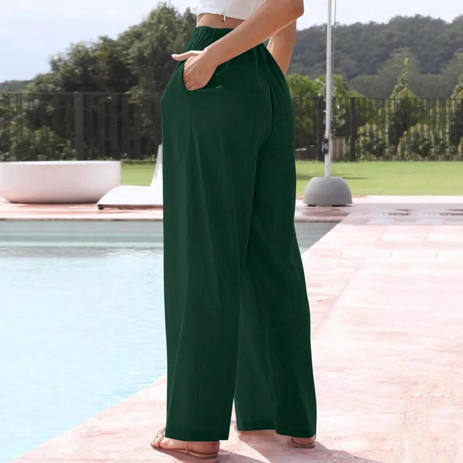 Women's 2025 Summer Linen Palazzo Pants High Waisted Flowy Wide Leg Beach Pants Palazzo Lounge Pant Trousers with Pocket