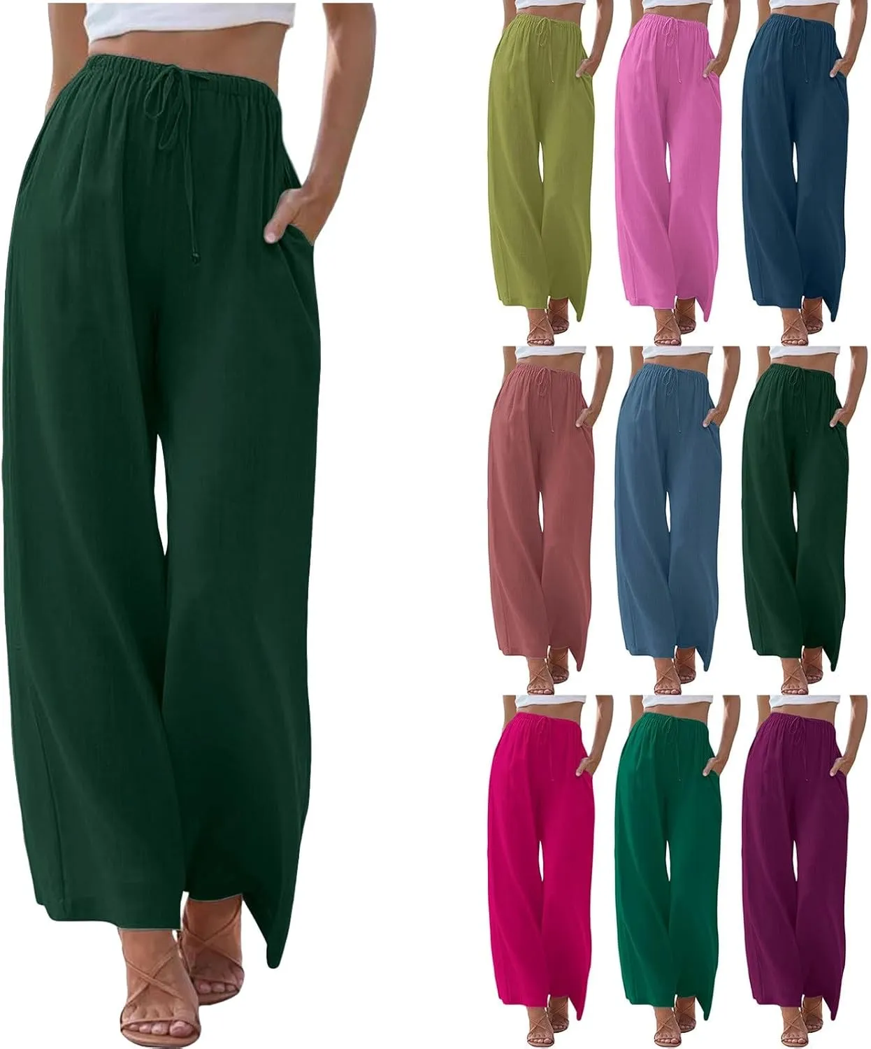 Women's 2025 Summer Linen Palazzo Pants High Waisted Flowy Wide Leg Beach Pants Palazzo Lounge Pant Trousers with Pocket