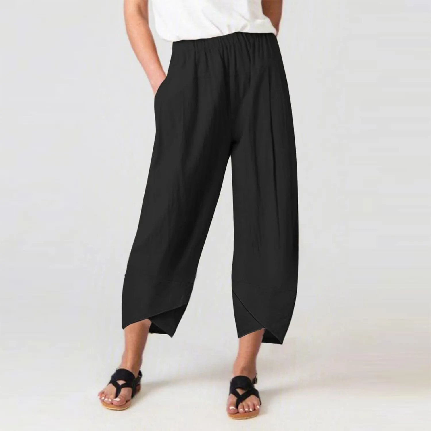 Womens Capri Pants High Waist Cropped Trousers Summer Wide Leg Drawstring Palazzo Ankle Vacation Pant with Pockets