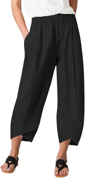 Womens Capri Pants High Waist Cropped Trousers Summer Wide Leg Drawstring Palazzo Ankle Vacation Pant with Pockets