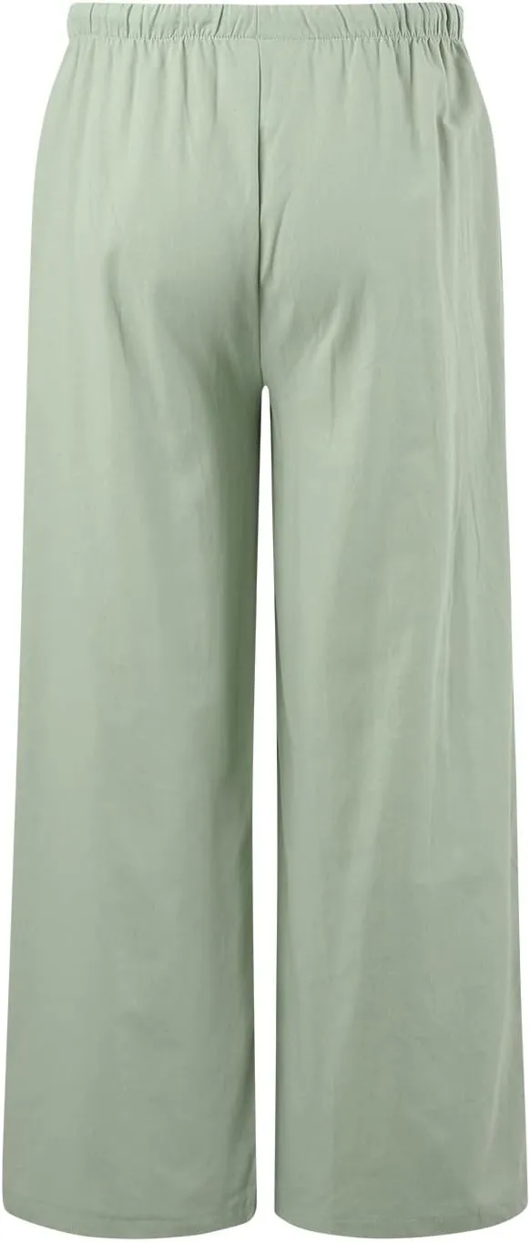 Womens Cotton Linen Wide Leg Palazzo Pants Drawstring Elastic Waisted Casual Summer Beach Flowy Trousers with Pockets