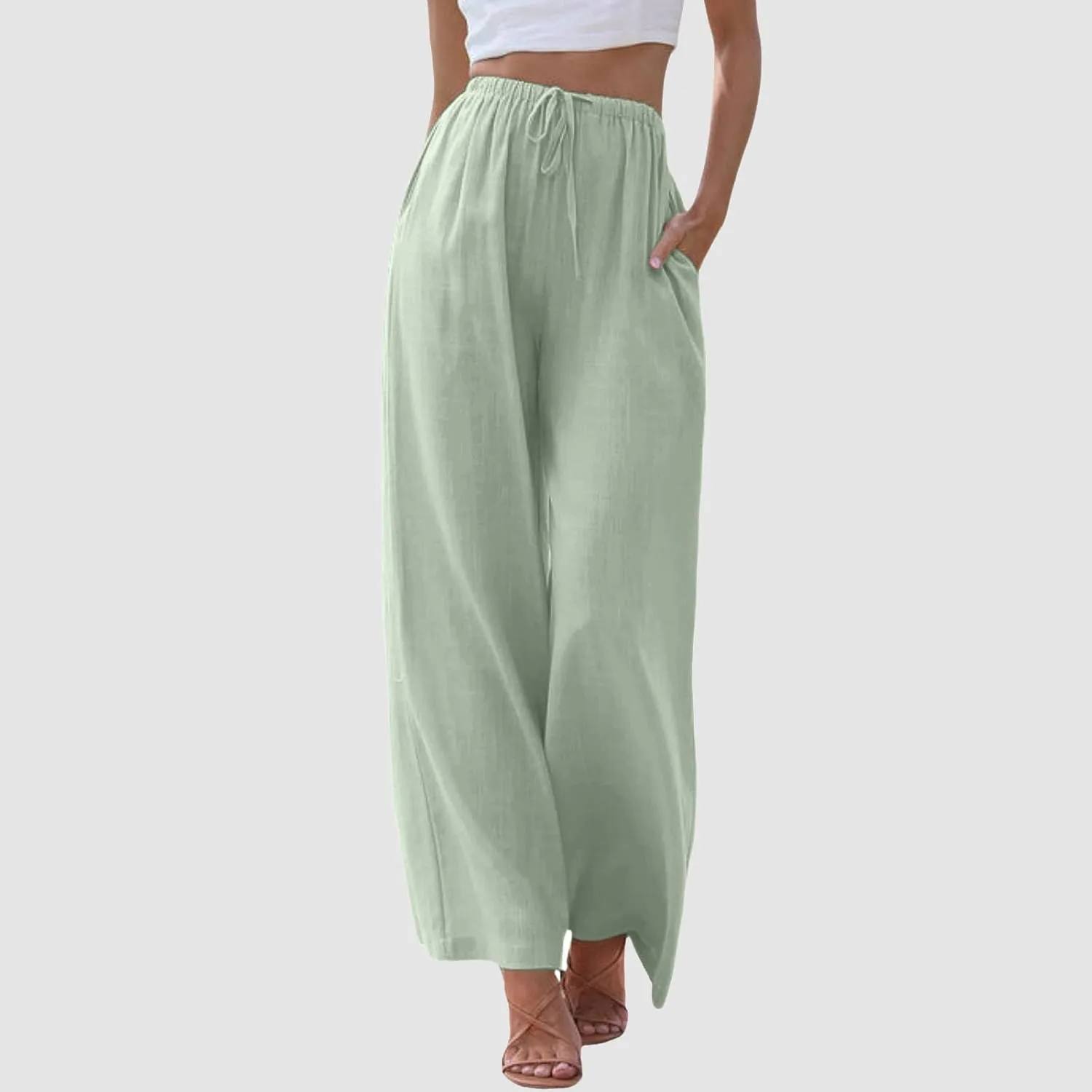 Womens Cotton Linen Wide Leg Palazzo Pants Drawstring Elastic Waisted Casual Summer Beach Flowy Trousers with Pockets