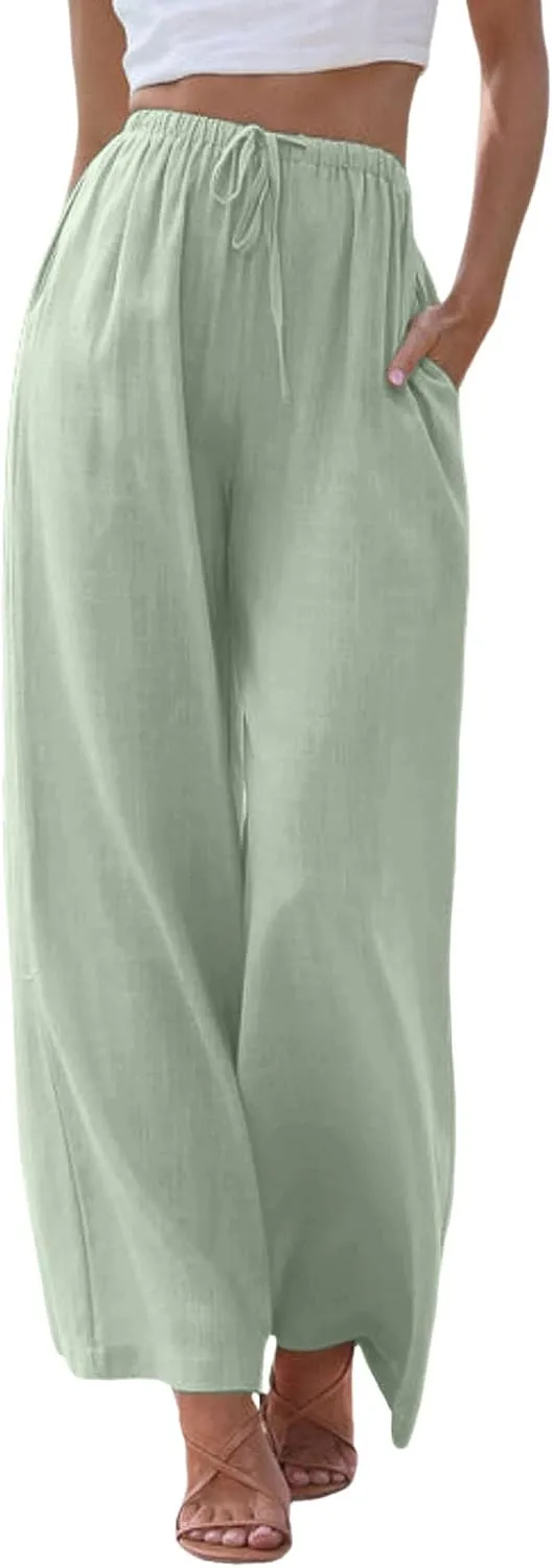 Womens Cotton Linen Wide Leg Palazzo Pants Drawstring Elastic Waisted Casual Summer Beach Flowy Trousers with Pockets