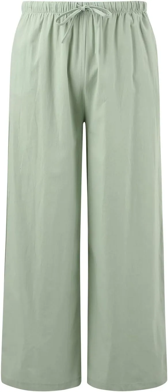 Womens Cotton Linen Wide Leg Palazzo Pants Drawstring Elastic Waisted Casual Summer Beach Flowy Trousers with Pockets