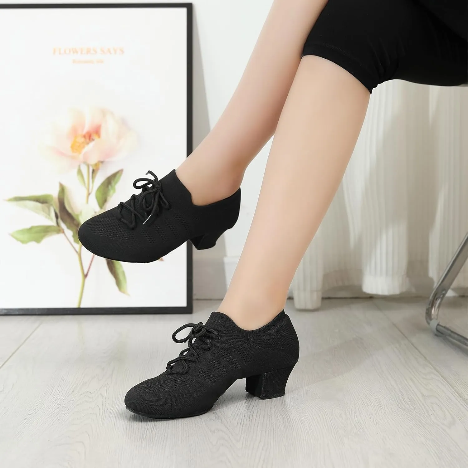 Womens Latin Dance Shoes Close Toe Practice Shoes for Women Low Heel Lace-up Ballroom Salsa Split-Sole